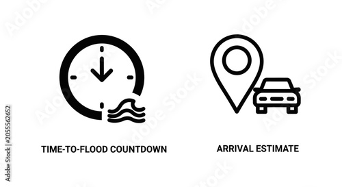 Logistics icons for time to flood countdown and vehicle arrival estimate with estimate location transport logistics navigation tracking countdown emergency movement distance