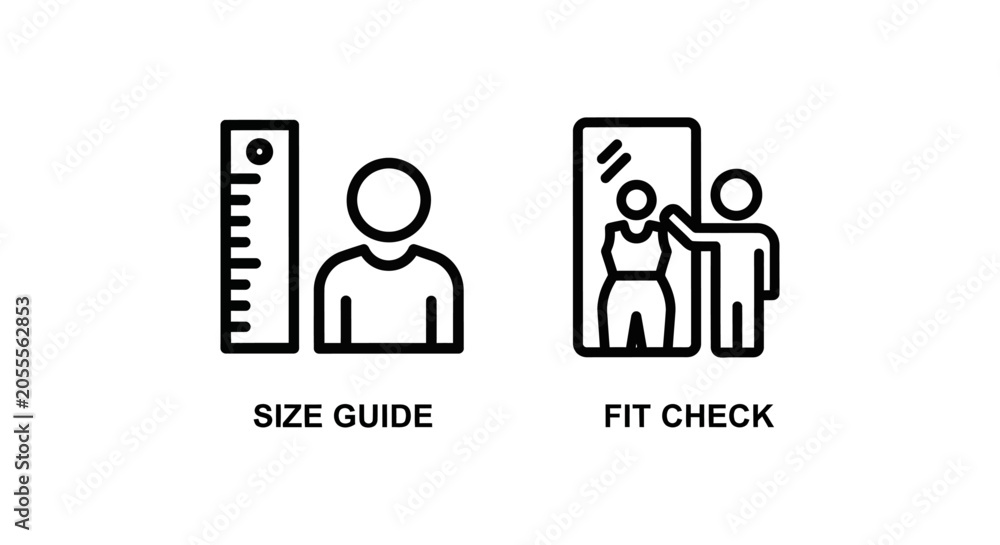 Fototapeta premium Size guide and fit check fashion retail icons with clothing shopping measurement silhouette comparison approval customer standards information accuracy wardrobe dimension