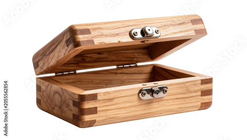 фотографія Isolated elegant open wooden box showing handcrafted dovetail joints and polishe
