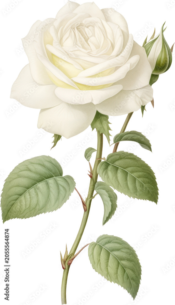 Fototapeta premium White rose, floral illustration, blooming flower, green leaves