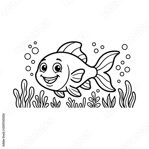 Cartoon goldfish with seaweed and bubbles isolated on transparent background