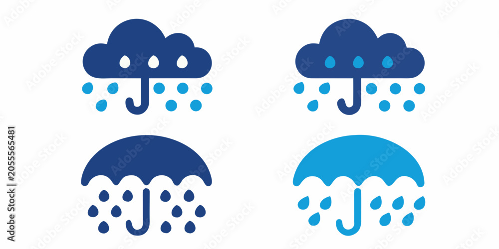 Obraz premium Rain Cloud And Umbrella Icons Flat Design In Blue Tones