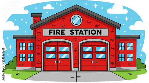 Red fire station building with garage doors against blue sky  
