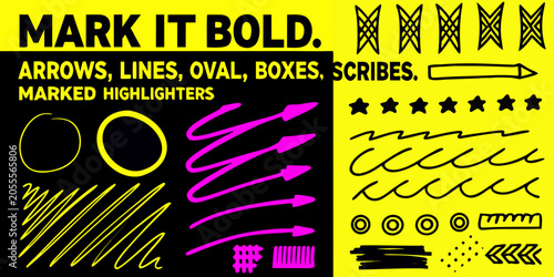 Bilde på lerret Marker Strokes And Geometric Shapes Bold Black And Yellow Illustration