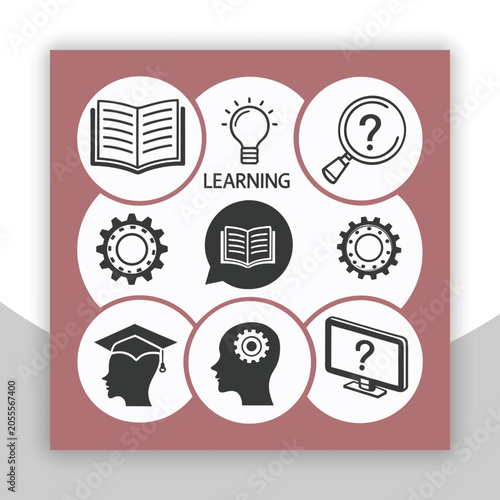 Education and knowledge icon set with book, lightbulb, and gears vector illustration