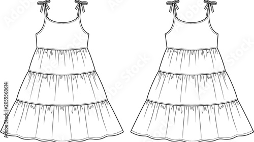 Fashion technical sketch of a girls tiered sundress with shoulder bow straps showing front and back views