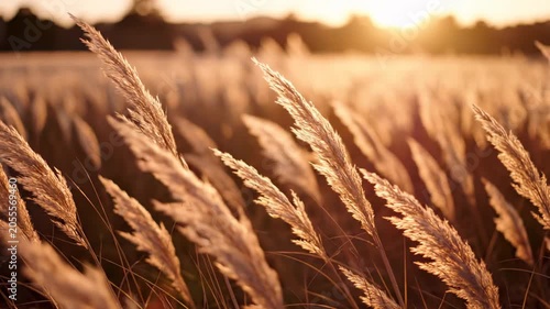 Golden meadow grass glowing in warm sunset light with soft focus and natural countryside background. Concept of tranquility freedom and autumn atmosphere