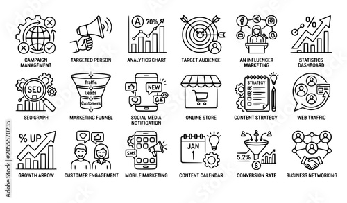 Modern Marketing Thin Line Icons Collection for Digital Business and Branding