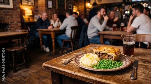 Traditional British steak and ale pie served with mashed potatoes and peas in a cozy, authentic pub setting