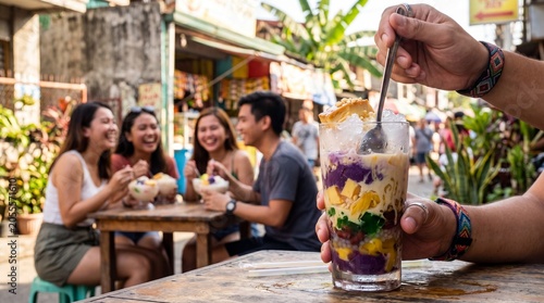 Close-up of a hand holding a traditional Filipino halo-halo dessert with friends in the background