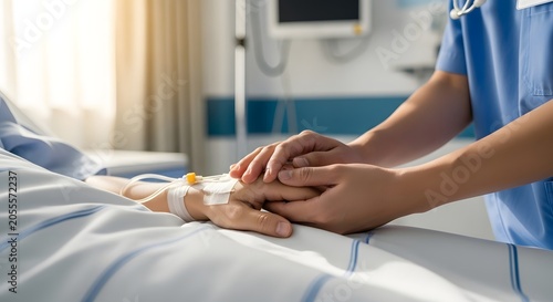 Nurse Holding Elderly Patient Hand in Hospital Bed