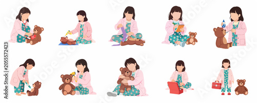 Schilderij op canvas Set of flat illustrations showing a little girl playing doctor with her teddy bear