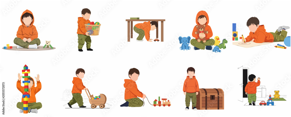 Fototapeta premium Set of flat vector illustrations of a little boy in an orange hoodie playing with various toys and engaging in daily activities