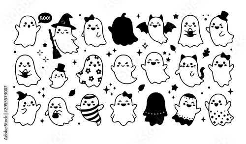 Foto Cute ghosts vector illustration Halloween spirit collection isolated on white