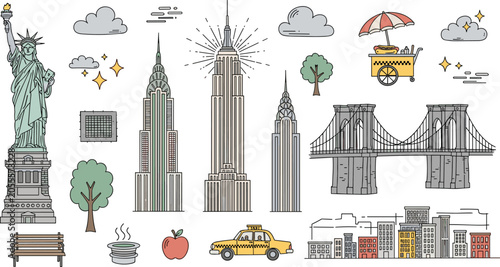 Cuadro en lienzo New York City travel line vector icon set featuring liberty statue empire state