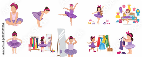 Obraz na płótnie Set of Little Girl in Purple Tutu Ballet Dancer Illustrations - Playing Dress-up