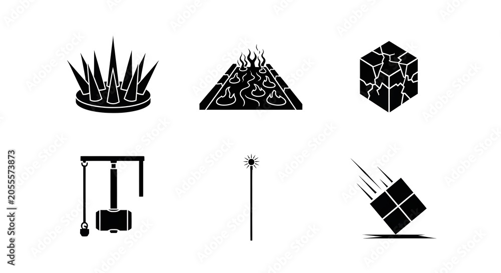 Fototapeta premium Collection of black glyph icons representing various industrial and construction related tools.