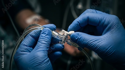 Nurse hands in blue gloves adjusting intravenous stopcock valve