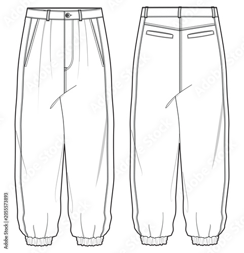 Men's Oversize Jogger pants front and back view flat sketch fashion illustration, Knitted track bottom pants vector template, Sweatpants design drawing