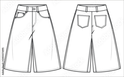Women wide leg denim jeans trouser pants front and back view flat sketch fashion illustration, Oversize Boot cut five pockets jeans denim pants cad drawing vector template