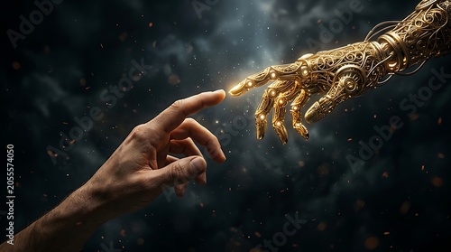 Human hand reaching towards ornate golden robotic hand