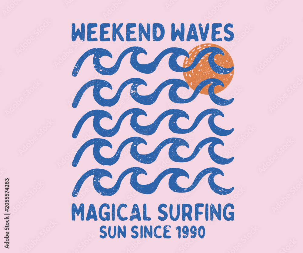 Fototapeta premium Magical surfing. Summer paradise artwork. Waves and love. Sunshine all of the time. Abstract sun graphic print design. Summer good vibes design for apparel, stickers, posters, background and other.