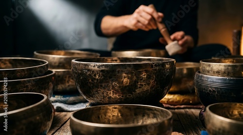 Person playing a collection of tibetan singing bowls for meditation
