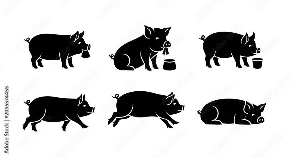 Obraz premium Set of six black pig silhouettes showing various farm animal activities and resting positions