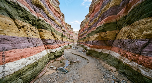 Narrow canyon pathway winding between vibrant multi-colored sedimentary rock layers