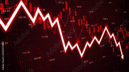 Obraz na płótnie Stock market losses and bankruptcy with descending trading graph and downward ar
