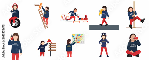 Quadro su tela Vector Set of a Junior Firefighter Girl Character Performing Various Training an
