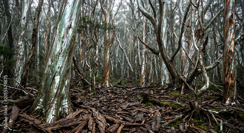 Thick forest of peeling bark eucalyptus trees with a ground covered in fallen branches