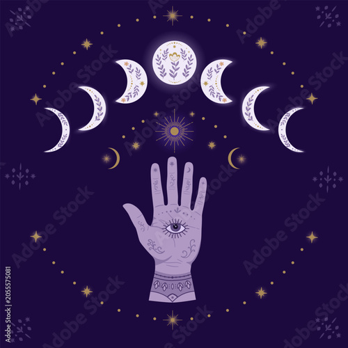 Modern astrology vector illustration with moon phases, mystical hand, celestial symbols and ornamental floral details. Spiritual boho design for prints, decor, posters and astrology-themed designs.