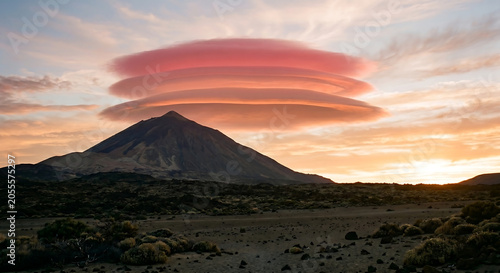 Multi-layered pink lenticular cloud hovering above a dark volcanic mountain peak at sunset