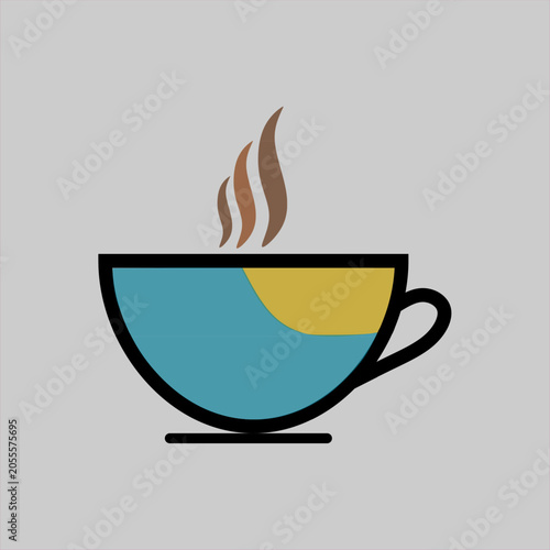 Steaming Coffee Cup with Blue and Yellow Fill Isolated on White Background