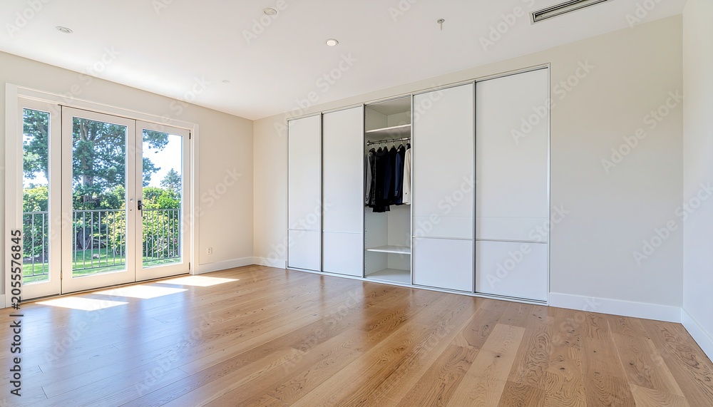 Fototapeta premium Modern minimalist bathroom with glass shower enclosure.