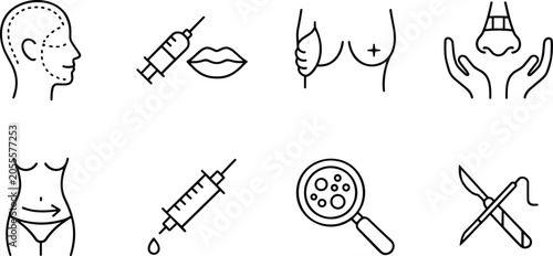 Foto Plastic Surgery and Cosmetic Procedure Vector Icon Set Featuring Facelift Lip Fillers Breast Augmentation Rhinoplasty Liposuction Botox and Scalpel