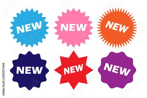Starburst New Arrival Badges Set, Colorful Promo Sticker Vectors, E-commerce Product Tag Labels.