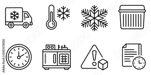Photos Cooling Transport Truck Temperature Icon with Snowflake Symbol, Thermometer, Package Box, and Clock for Cold Chain Logistics