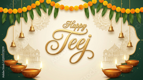 Happy Teej Festival Greeting Banner with Marigold Garlands Hanging Bells and Traditional Diya Decorations