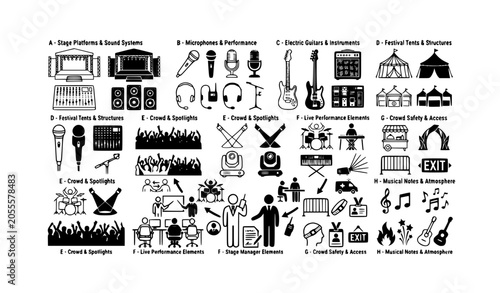 Music festival and outdoor concert icon set with stage microphone and live show symbols black and white vector