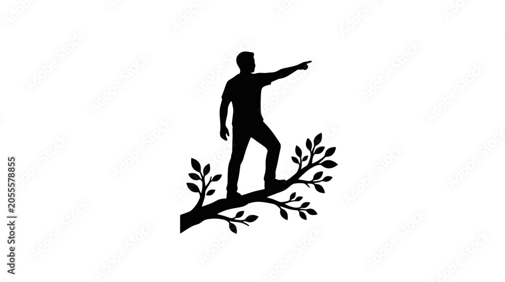 Naklejka premium Man standing on tree branch pointing.