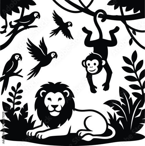 Canvas Print A black and white drawing of a jungle scene with a resting lion, monkey, and birds