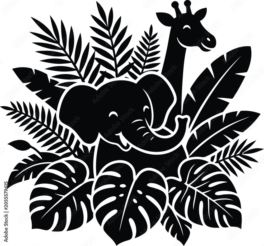 Fototapeta premium A vivid black and white artistic silhouette sketch featuring a cute elephant and a tall friendly giraffe.