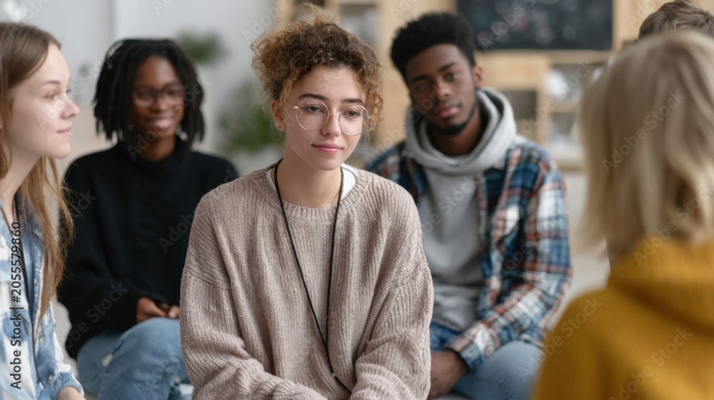 Obraz premium Diverse group of teenagers engaged in a supportive group therapy session