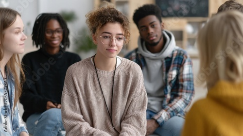 Diverse group of teenagers engaged in a supportive group therapy session