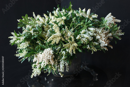 Abundant white flowering branches with green leaves in dark ceramic vase on iron stand, black background - dramatic botanical still life
