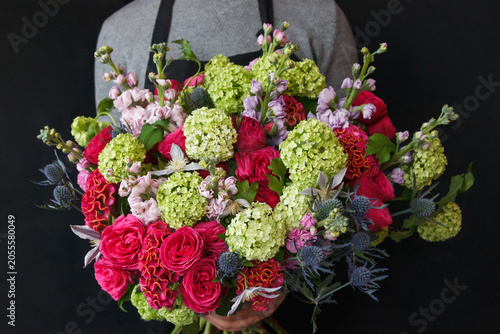 Florist holding lavish bouquet with magenta roses, celosia, green viburnum, sea holly and pink stock against black - luxury studio floral portrait