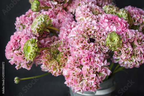 Dense arrangement of pink ranunculus with lime-green centers and pink stock flowers, charcoal background - intimate textural flower close-up