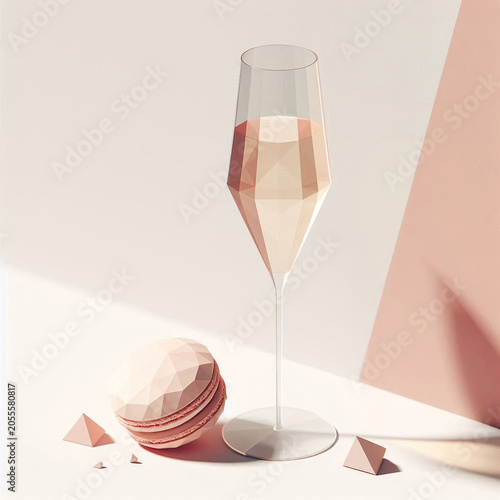 Low Poly Goblet with Macaron. Geometric Dessert Cocktail with Macaron